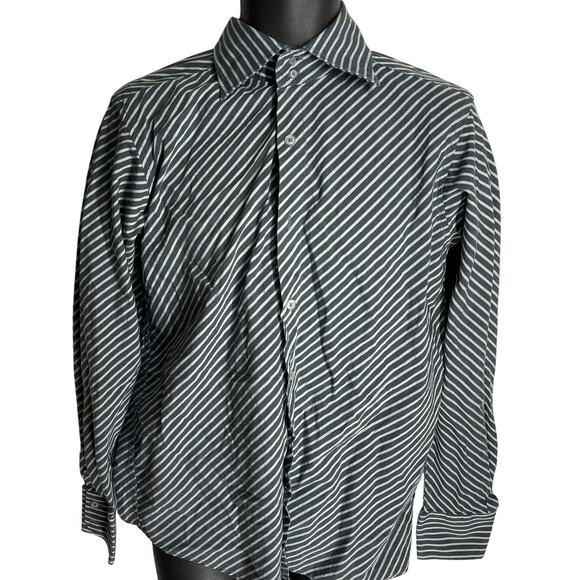 Bruno Button Up Men Shirt Size S Gray Striped Long Sleeve Cotton MISSING BUTTON - Picture 1 of 6
